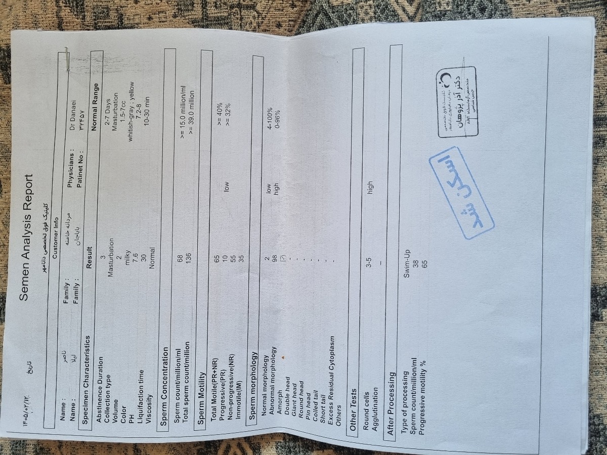 نتایج دو ماه آزمایش اسپرم قبل و بعد