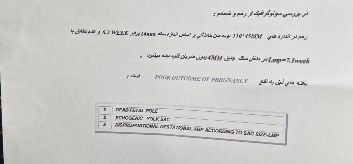 ترشحات خونی و آبکی در ۶ هفته و ۴ روز همراه با درد پریودی