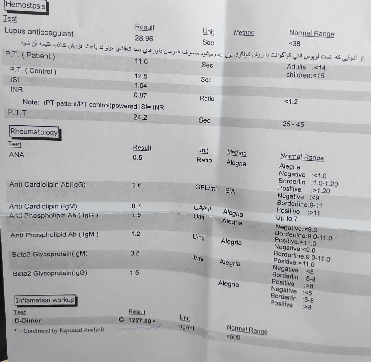 تفسیر جواب آزمایش ایمنی و انعقادی