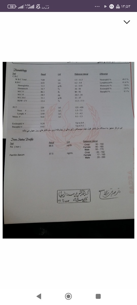 این آزمایش مربوط به چهار ماه بعد زایمانمه. مجدد می‌خوام آزمایش بدم. به نظرتون کم‌خونیم مینوره؟