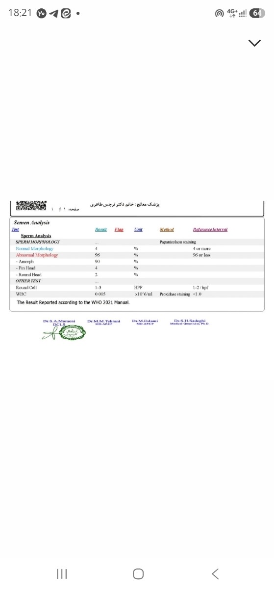 بررسی نتیجه ازمایش اسپرم